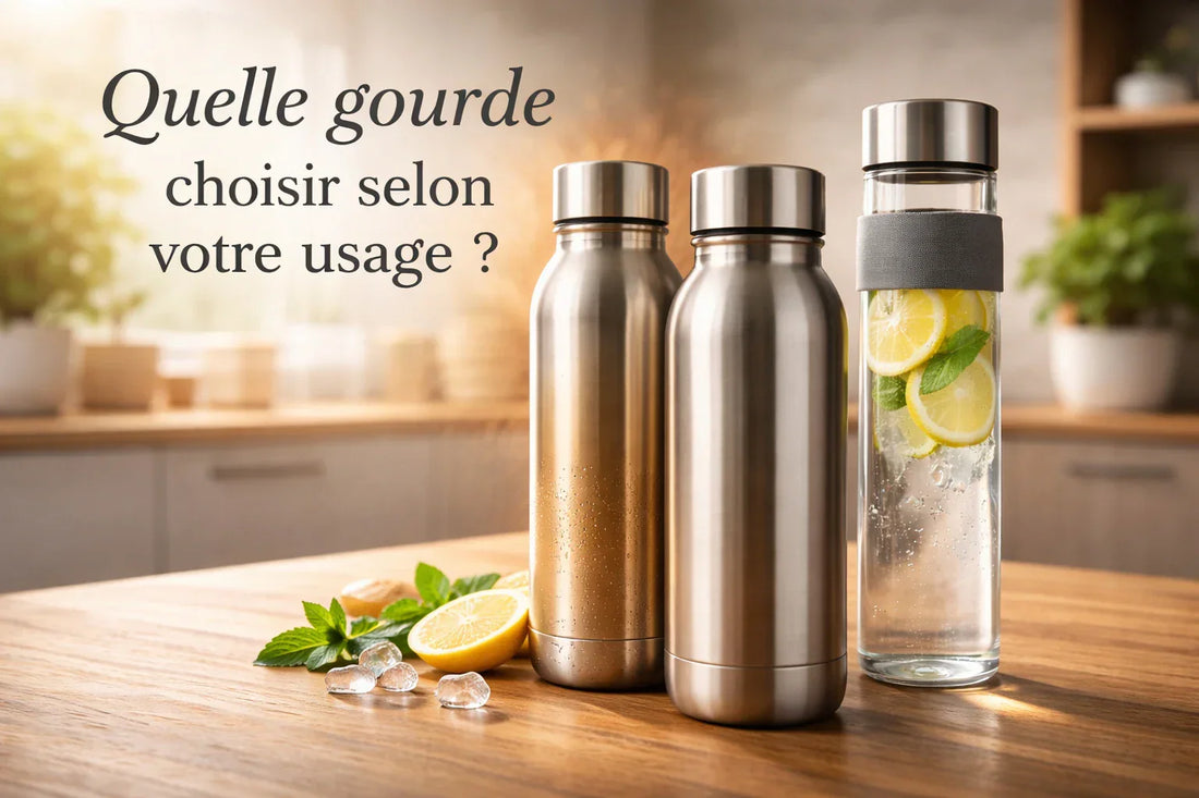 Comparatif de gourdes isotherme, inox et verre pour choisir la gourde adaptée à son usage quotidien