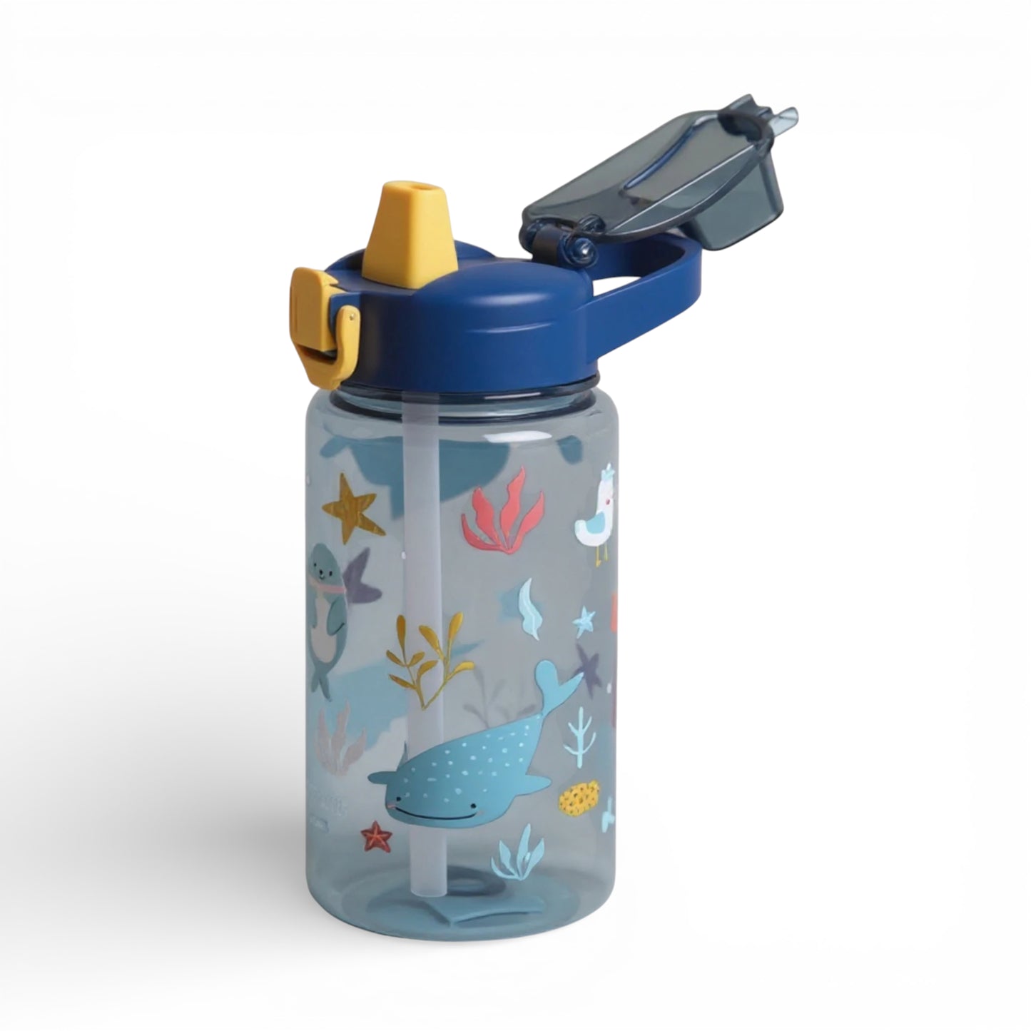 Gourde enfant 600 ml anti-fuite avec paille coloris bleu