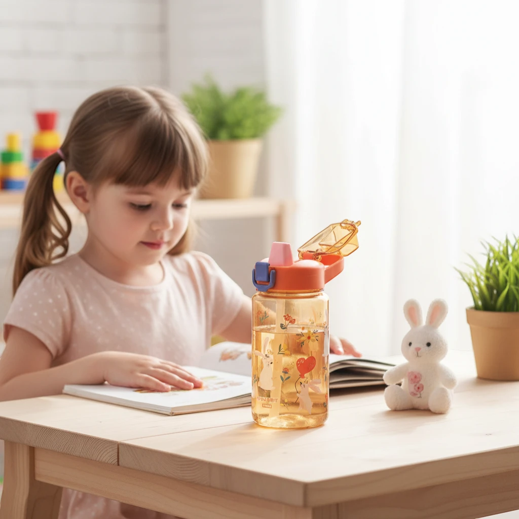 Gourde enfant Malyvo 600ml motif lapin avec paille anti-fuite