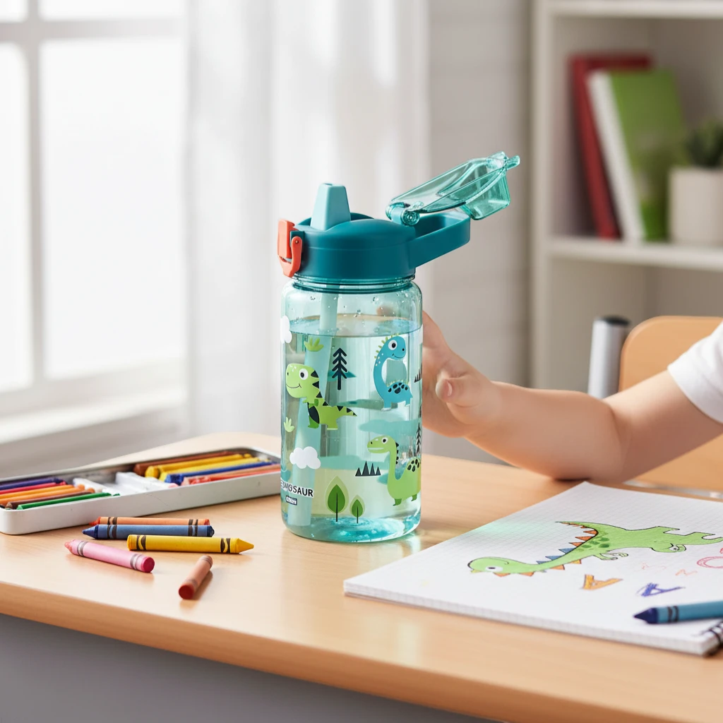 Gourde enfant Malyvo motif dinosaure utilisée sur un bureau d’école