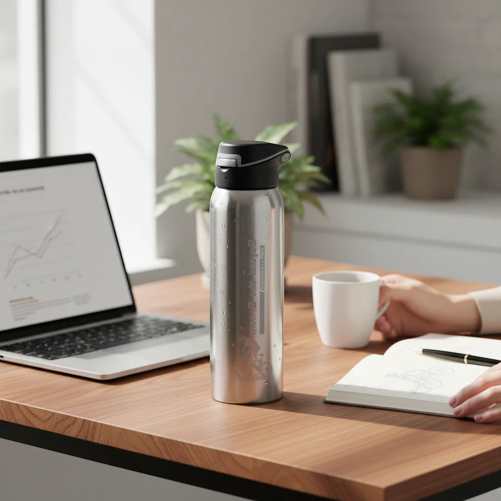 Gourde isotherme inox sur un bureau moderne
