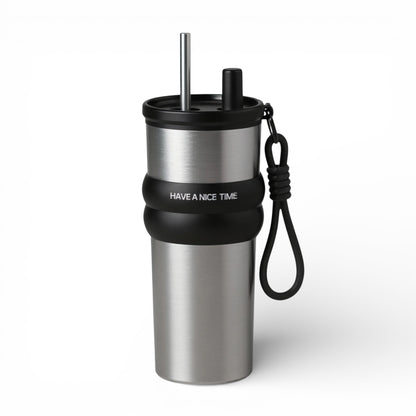 Gourde isotherme en inox avec paille intégrée 710 ml coloris argent