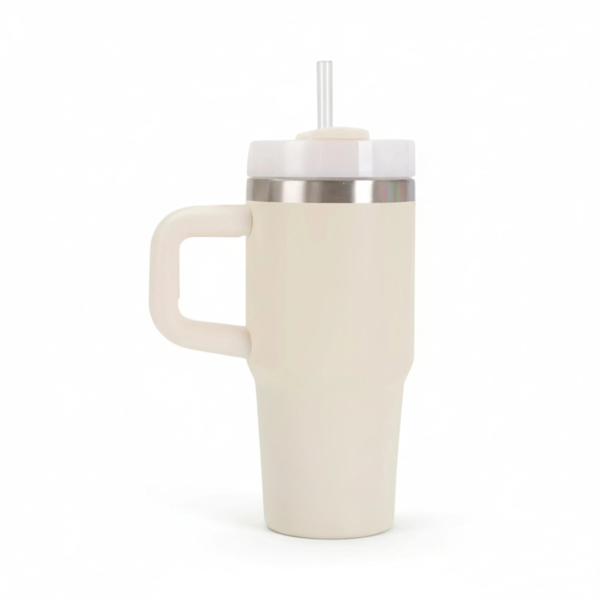 Gourde isotherme en inox avec paille intégrée et poignée coloris beige