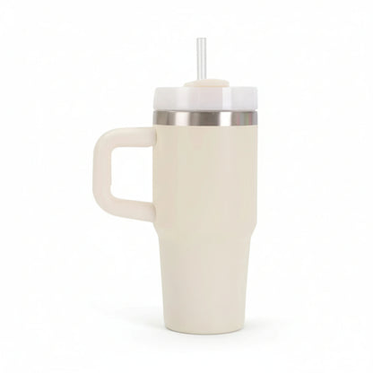 Gourde isotherme en inox avec paille intégrée et poignée coloris beige