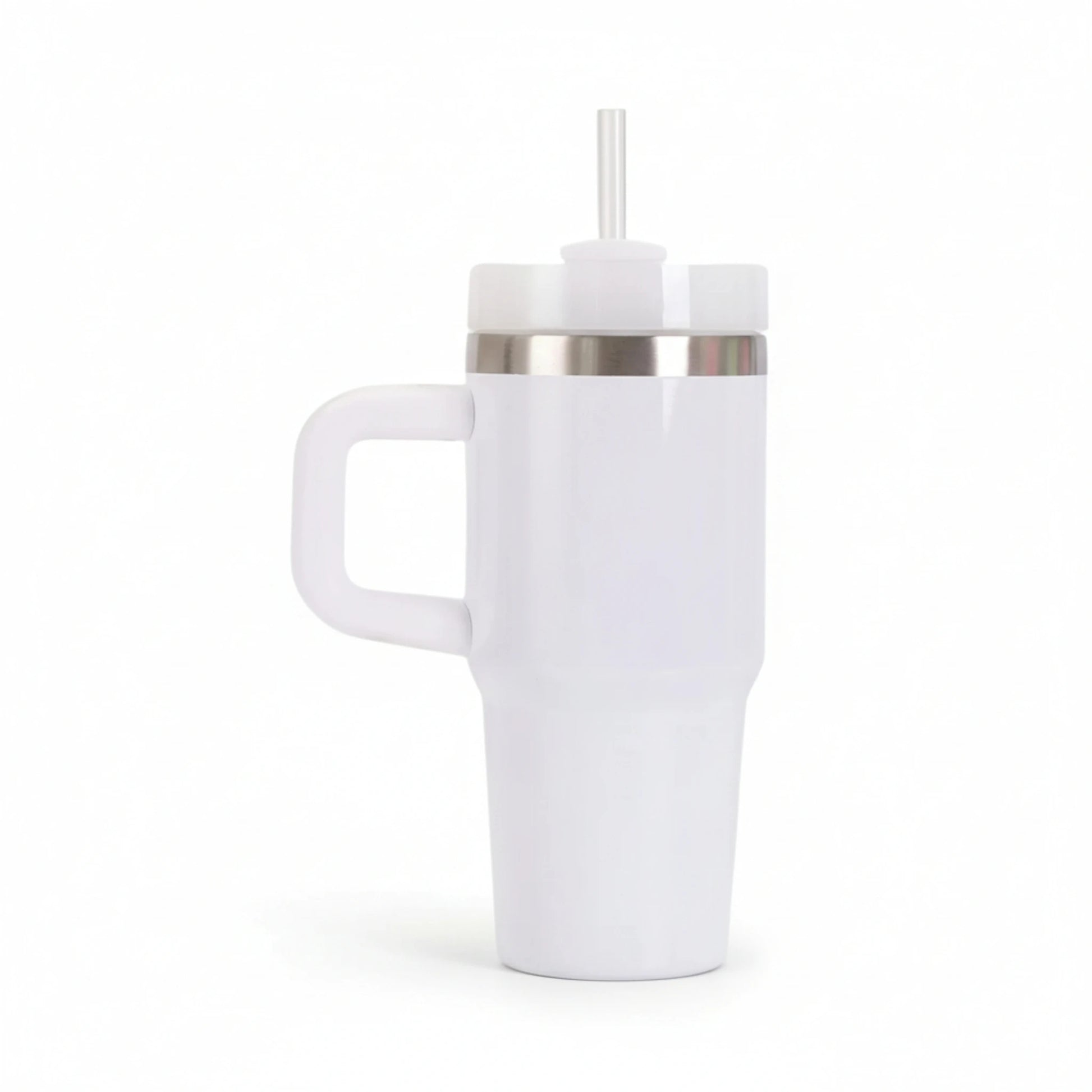 Gourde isotherme en inox avec paille intégrée et poignée coloris blanc