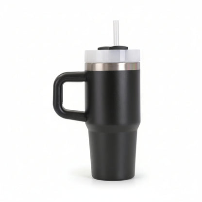Gourde isotherme en inox avec paille intégrée et poignée coloris noir
