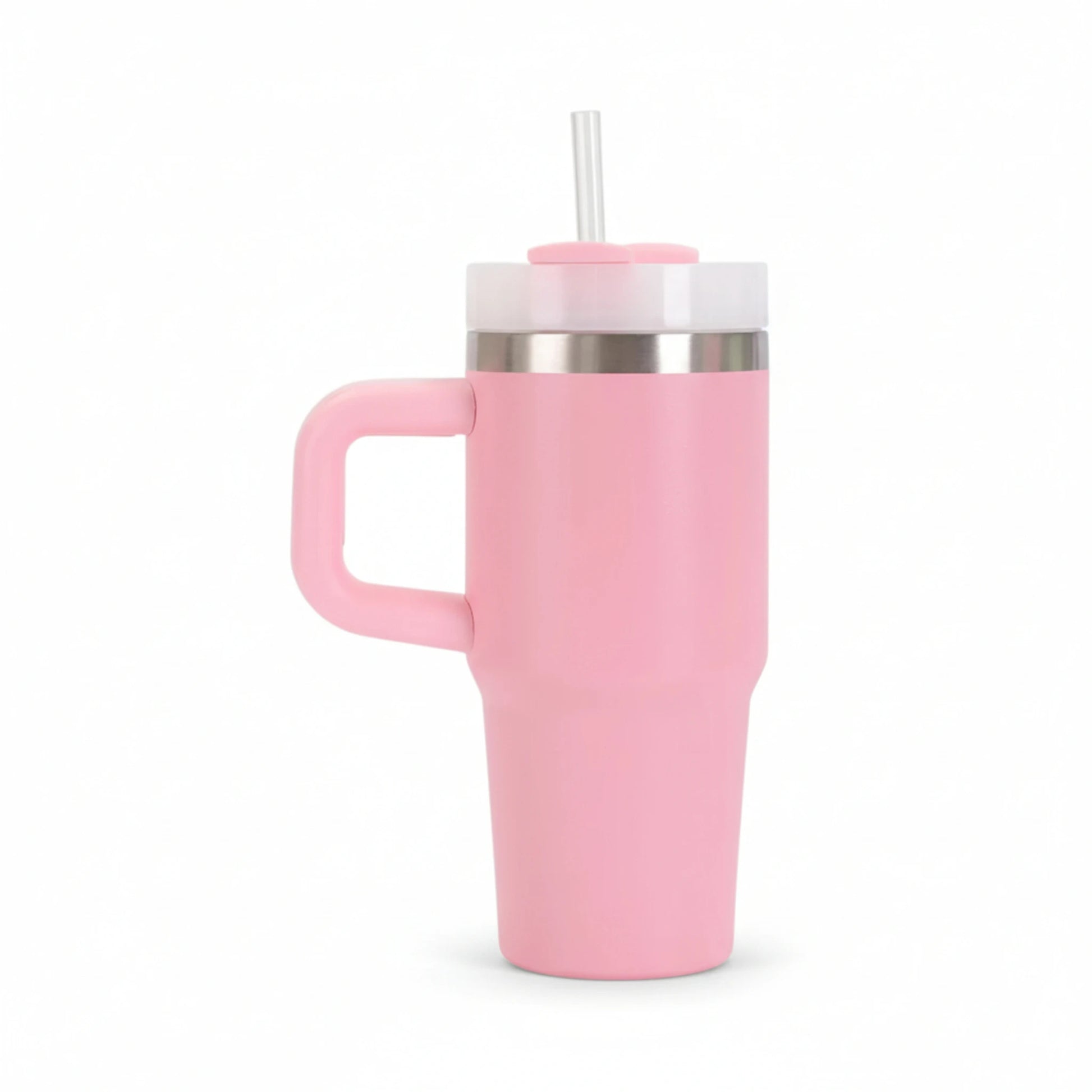 Gourde isotherme en inox avec paille intégrée et poignée coloris rose