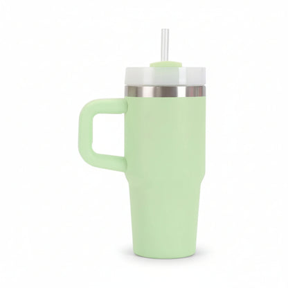 Gourde isotherme en inox avec paille intégrée et poignée coloris vert clair