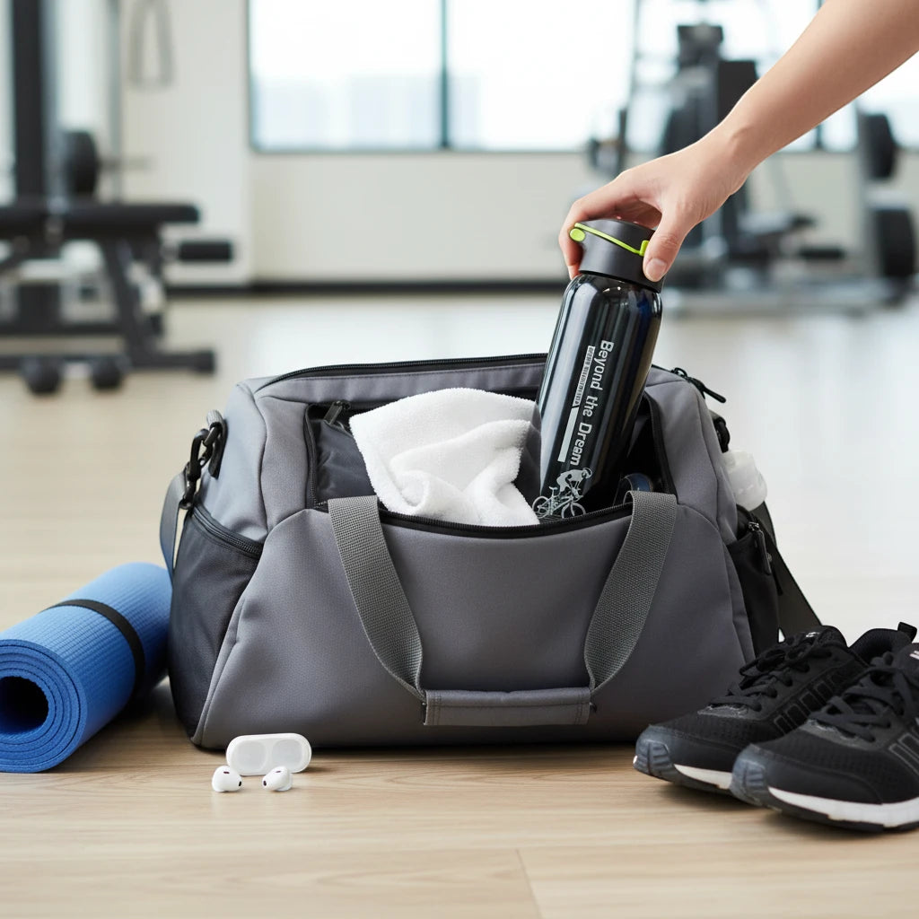Gourde isotherme noire dans un sac de sport