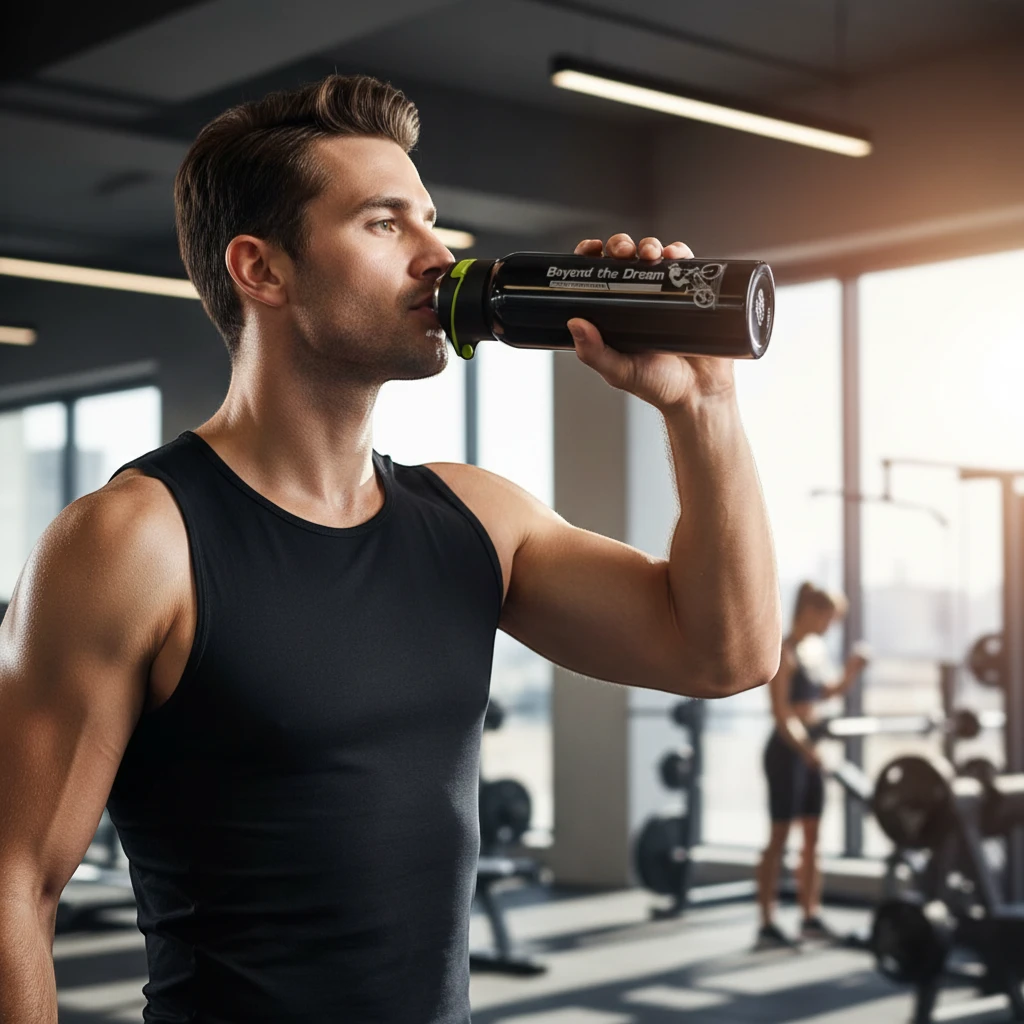 Gourde isotherme inox noire utilisée en salle de sport