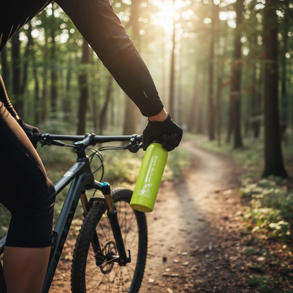 Gourde isotherme verte utilisée en vélo en forêt