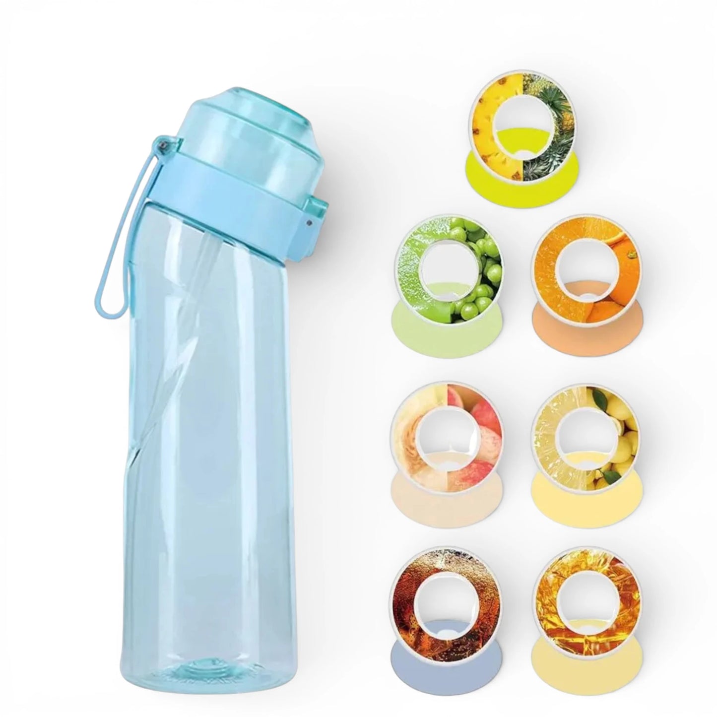 Gourde en plastique avec paille et système d’arôme 650 ml coloris bleu 7 saveurs