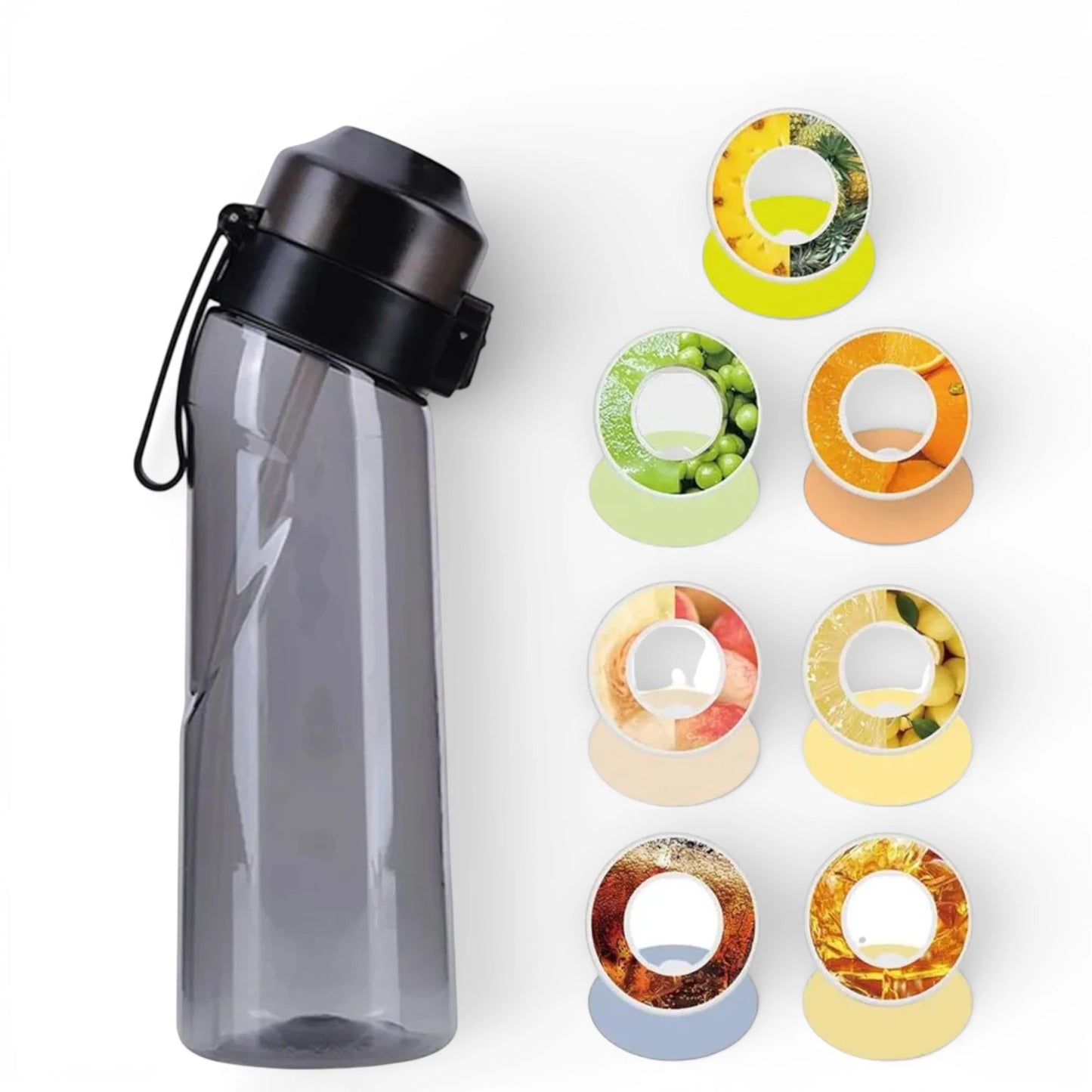 Gourde en plastique avec paille et système d’arôme 650 ml coloris noir 7 saveurs