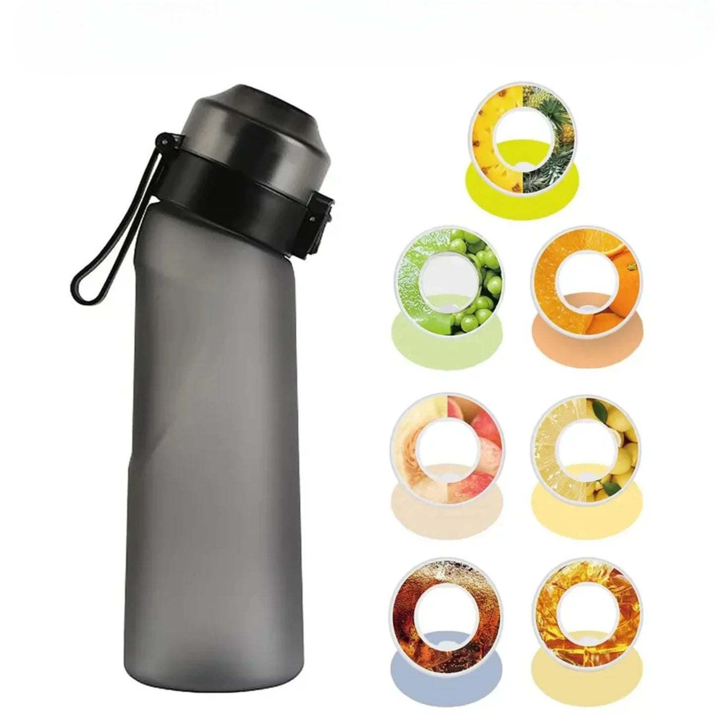 Gourde en plastique avec paille et système d’arôme 650 ml coloris noir givré 7 saveurs