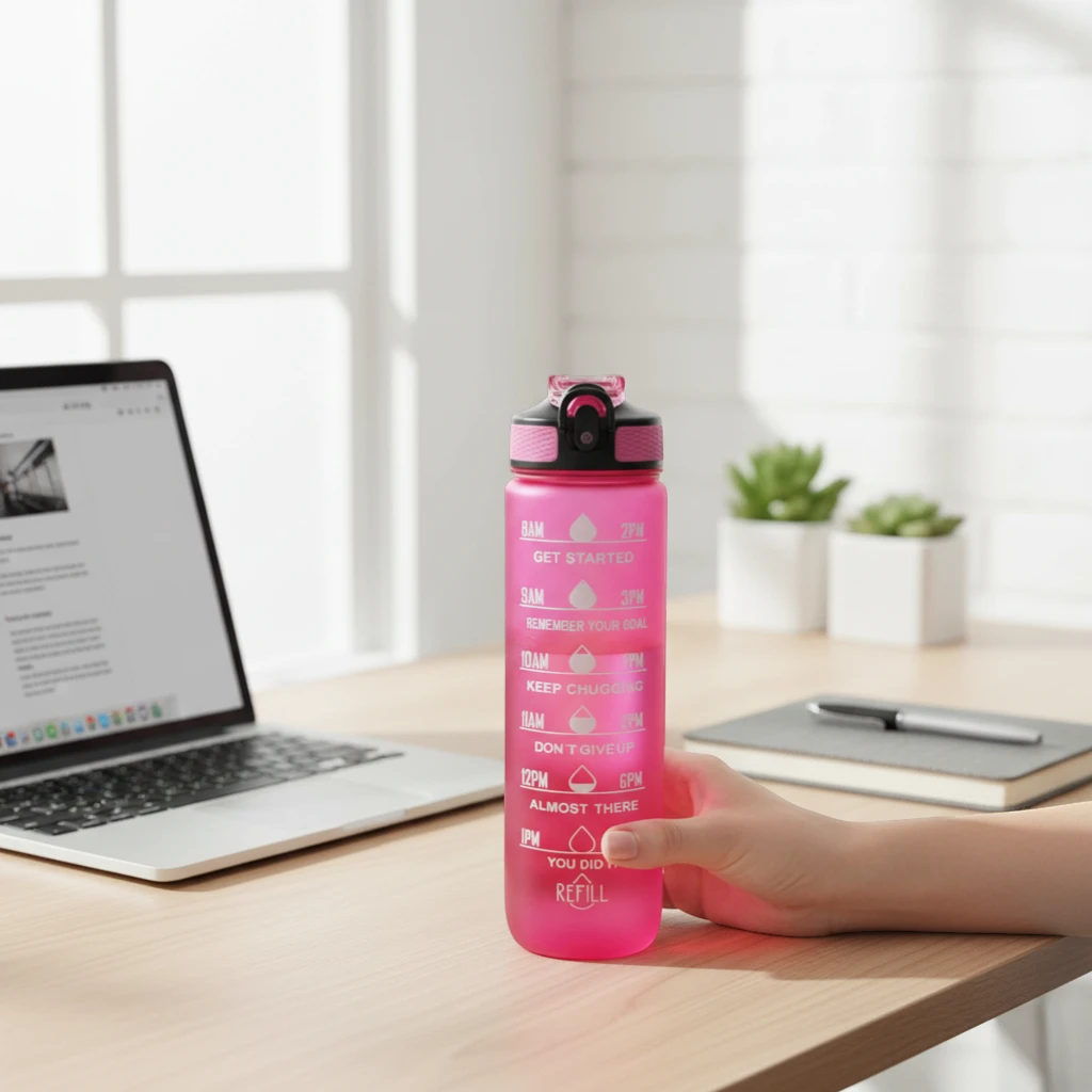 Gourde sport 1L avec paille utilisée au bureau pour hydratation quotidienne