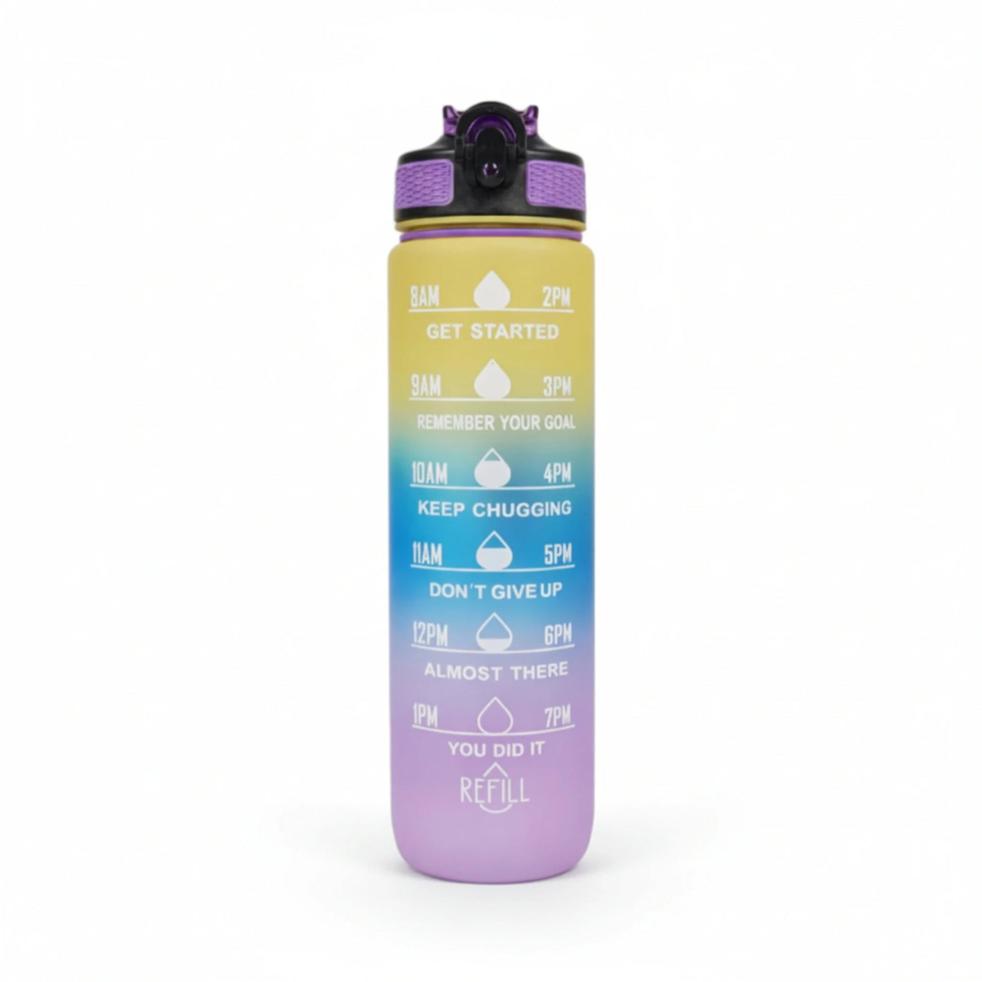 Gourde sport 1L en plastique avec paille coloris jaune et violet