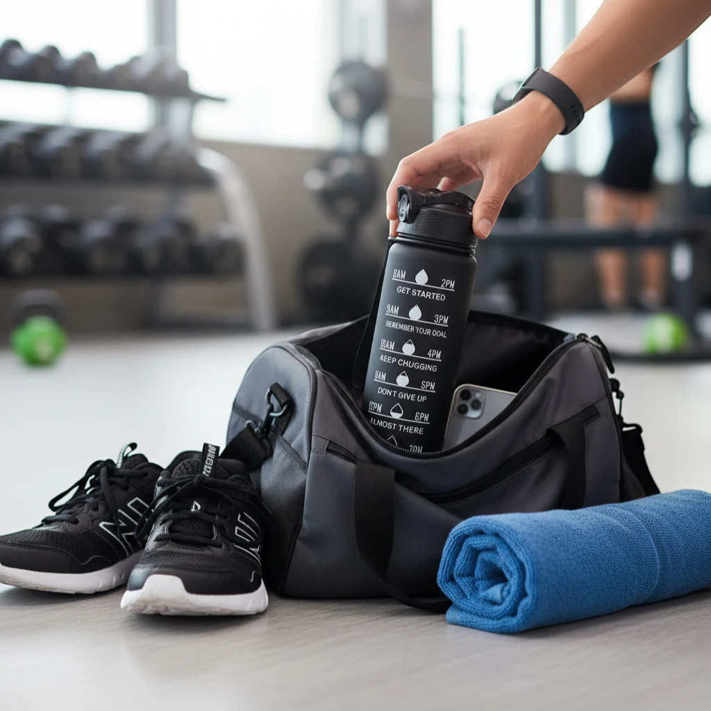 Gourde sport 1L dans un sac de sport pour entraînement fitness