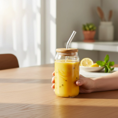Gourde en verre Malyvo avec paille et couvercle en bambou en situation
