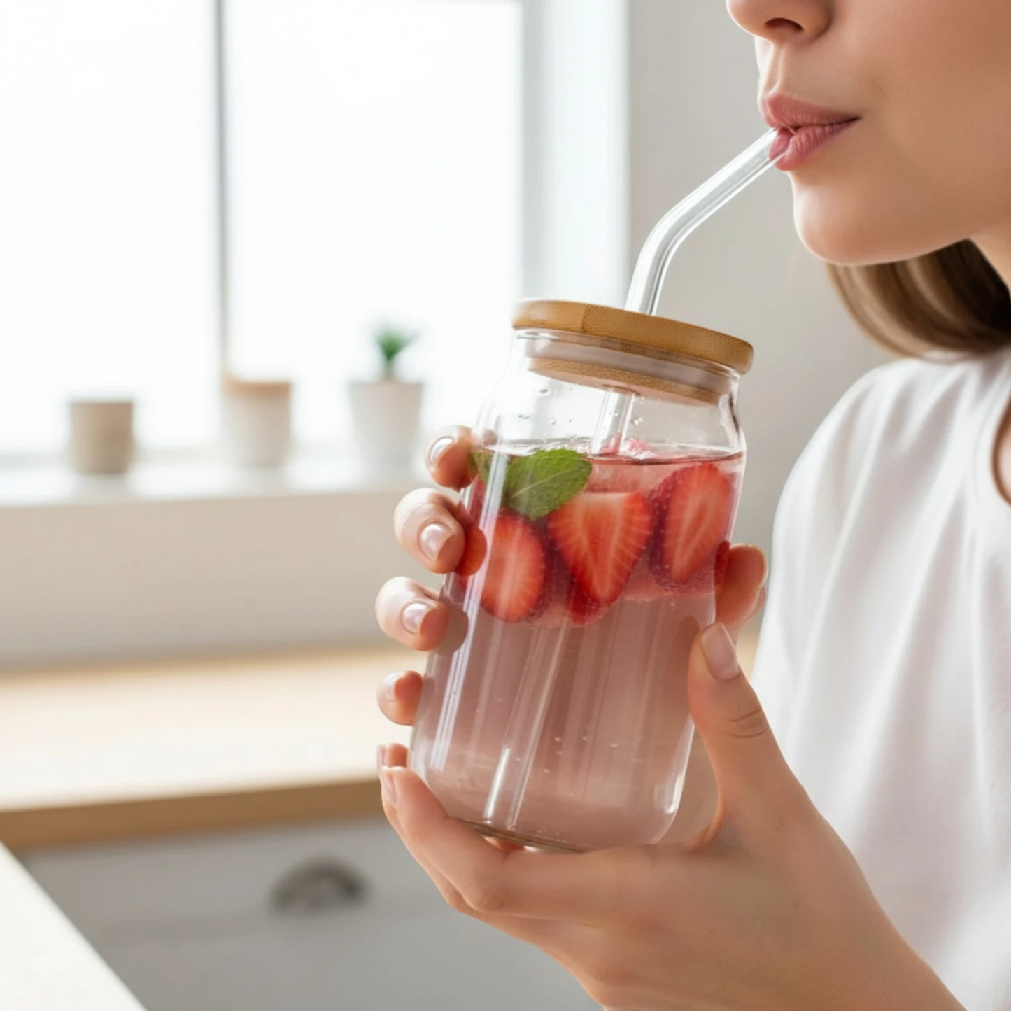 Gourde en verre Malyvo avec paille utilisée pour boire