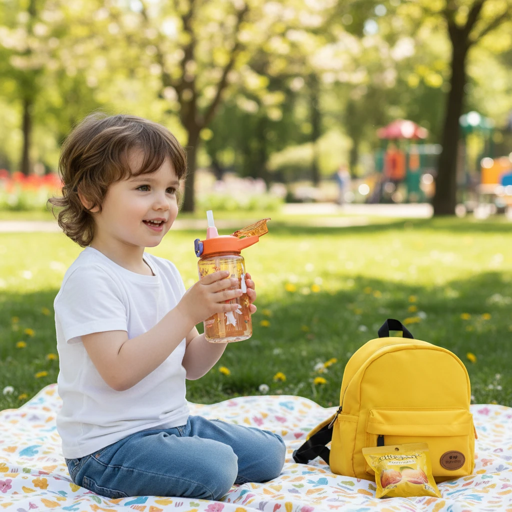 Gourde enfant Malyvo 600ml avec motif lapin tenue par un enfant lors d’un goûter au parc