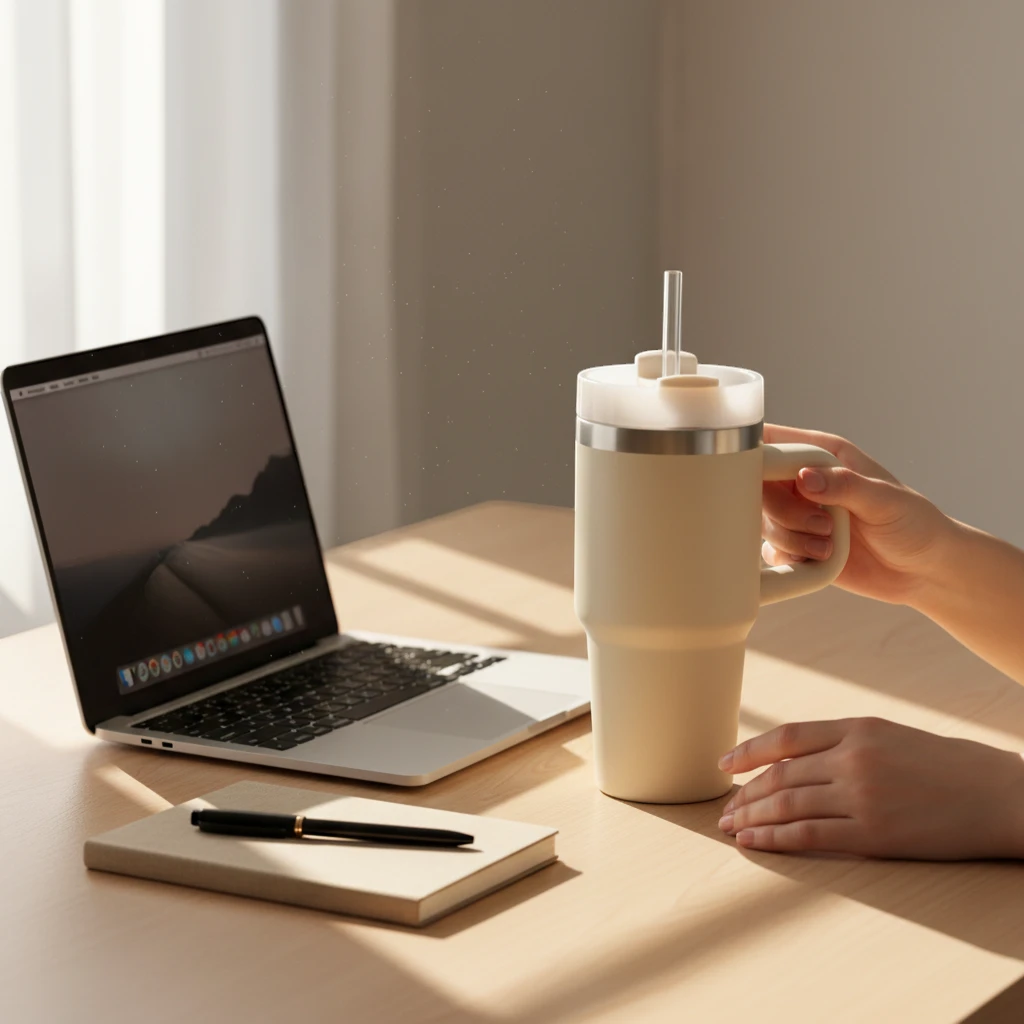 Gourde isotherme beige avec poignée et paille posée sur un bureau près d un ordinateur portable