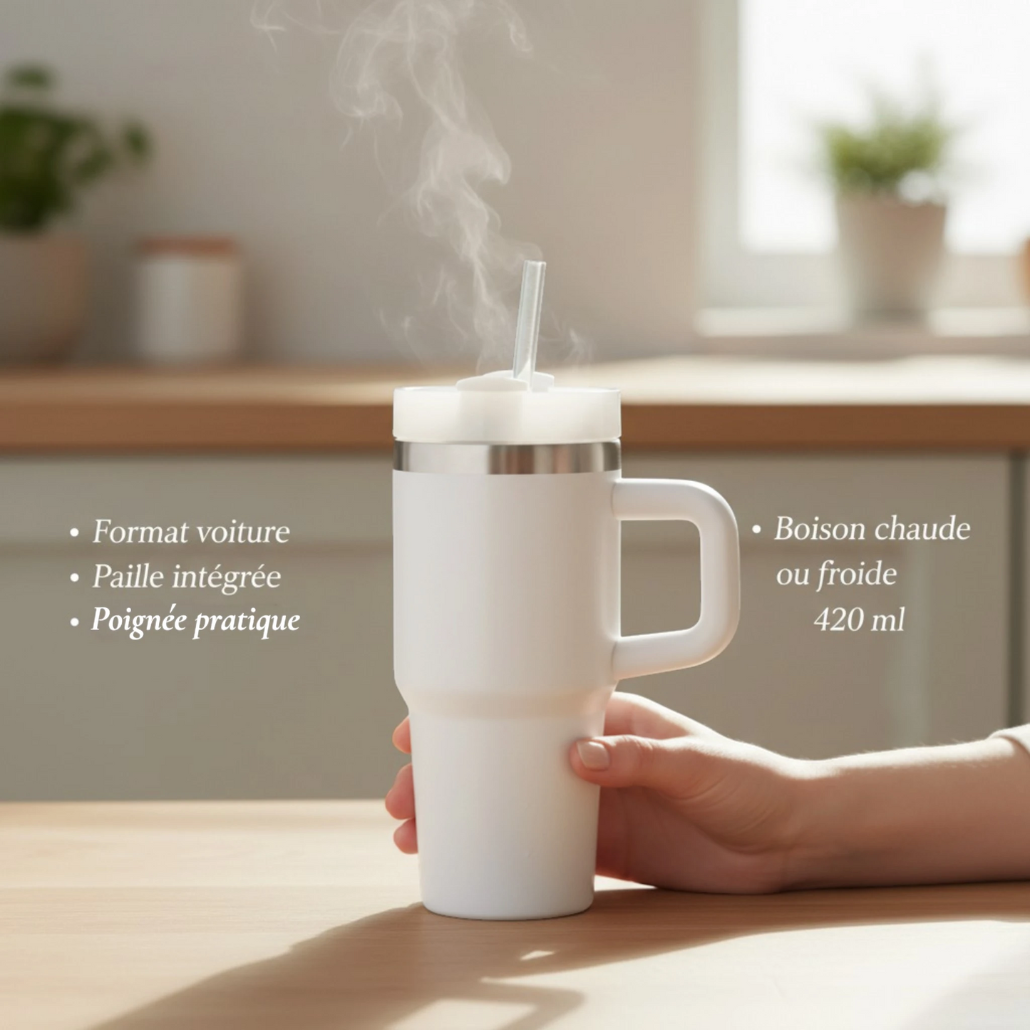 Gourde isotherme Malyvo™ <br> Avec paille intégrée et poignée pour la voiture