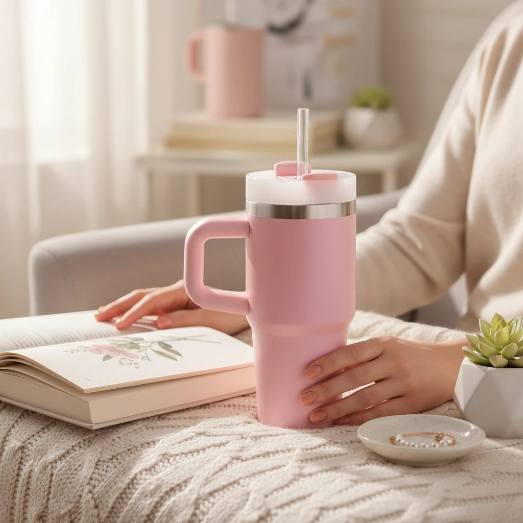 Gourde isotherme rose pâle avec poignée et paille dans une ambiance douce et cocooning