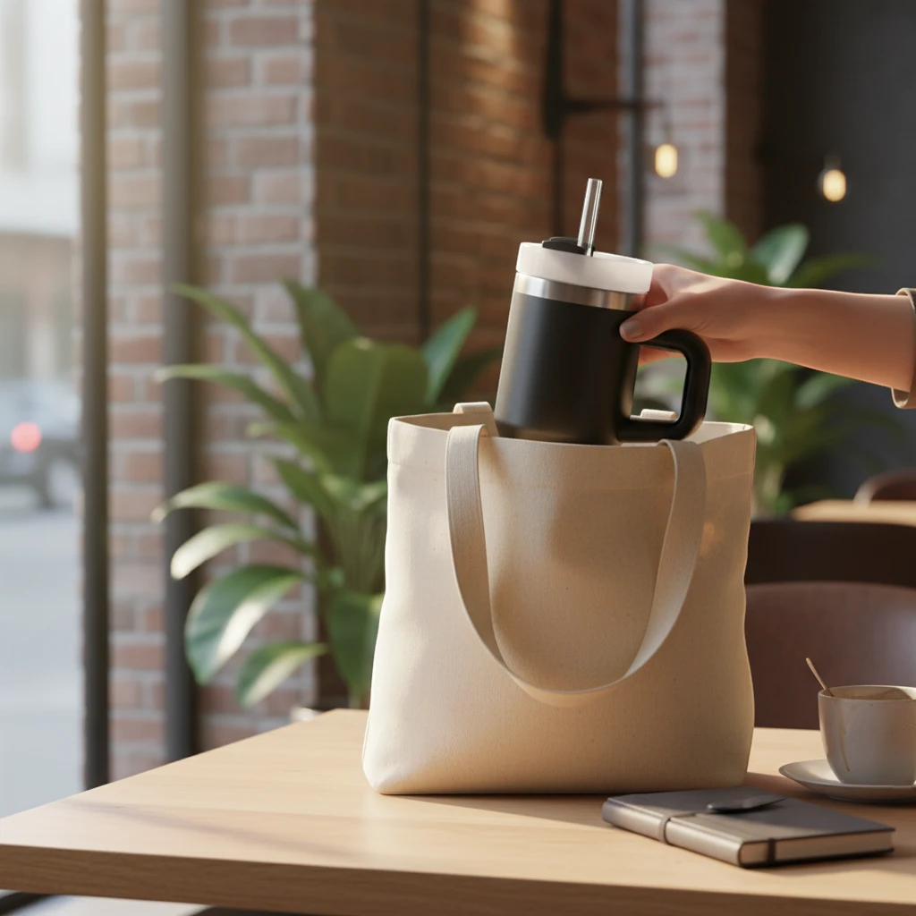 Main rangeant une gourde isotherme noire avec poignée et paille dans un sac sur une table