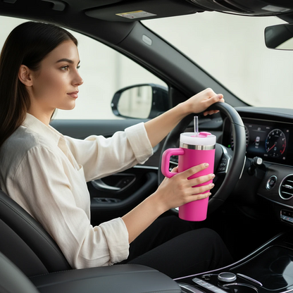 Femme dans une voiture tenant une gourde isotherme rose avec poignée et paille Malyvo