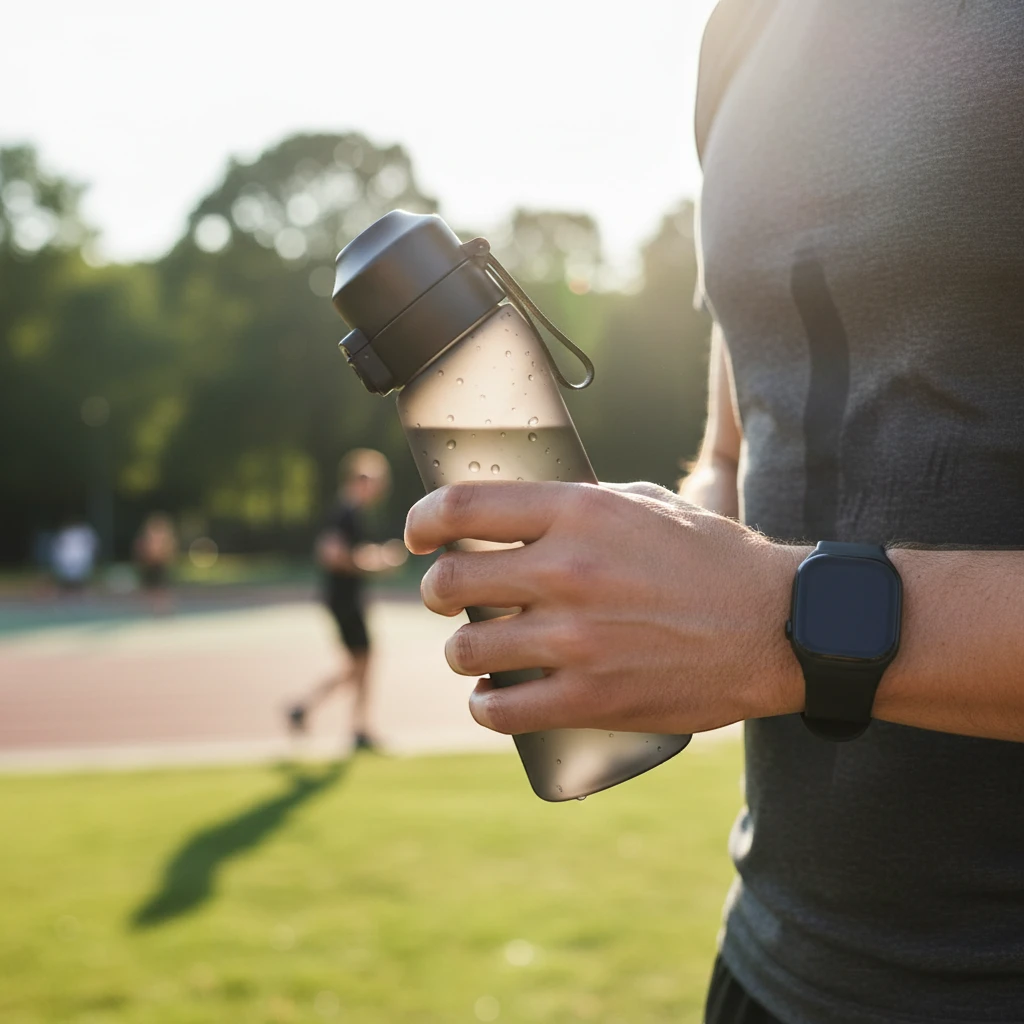Gourde sportive Malyvo tenue à la main pendant un entraînement en extérieur