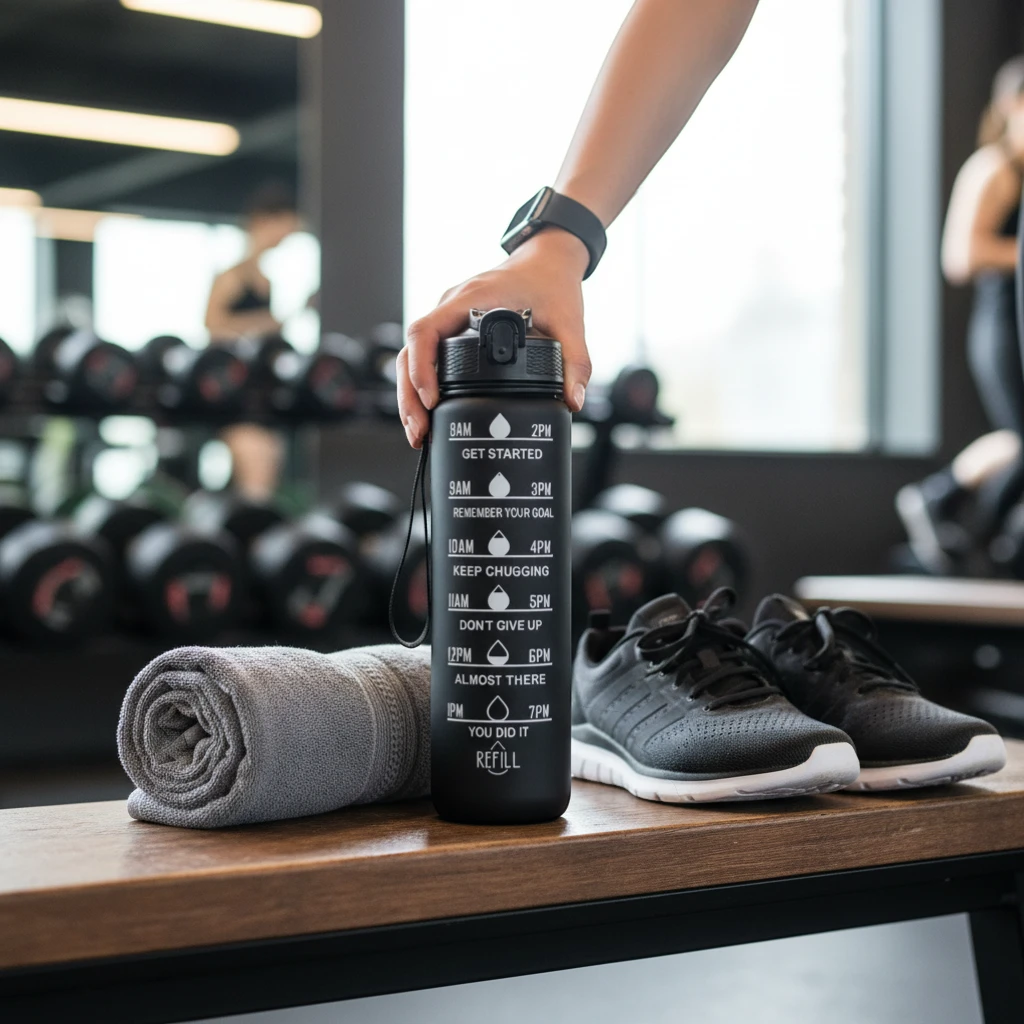 Gourde sport 1L avec paille et repères de temps pour hydratation quotidienne