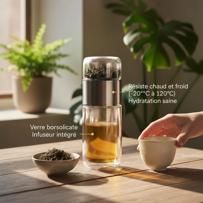 Gourde en verre Malyvo avec infuseur présentant ses bénéfices pour une hydratation saine