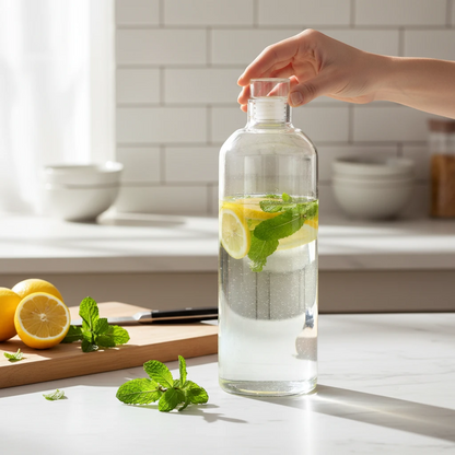 Grande gourde en verre Malyvo avec eau detox citron et menthe dans une cuisine lumineuse
