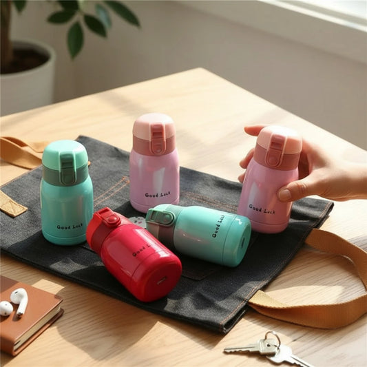 Mini thermos isotherme portable Malyvo posé sur un sac pour montrer sa taille compacte